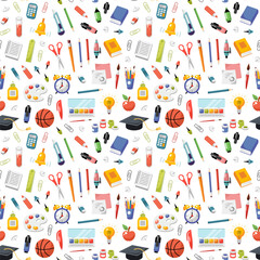 Back to school seamless pattern. Back to school concept. Cartoon vector illustration. School elements texture. Study textile design