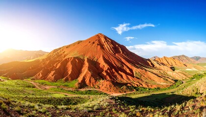 Majestic terracotta mountains in a panoramic view under a vibrant sky showcasing natures grand