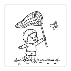 Boy with a Net Catching a Butterfly, Summer Nature Coloring Page

