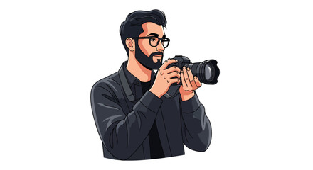 Fototapeta premium Cartoon illustration of a man with a beard and glasses holding a camera on a white background