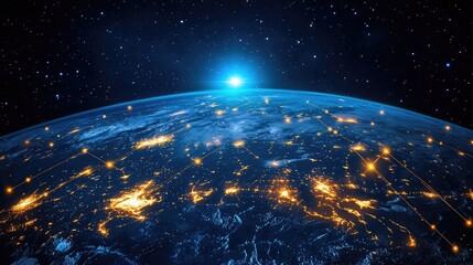 Orbit map of satellite internet constellation network surrounding Earth with glowing nodes, global coverage beams, and deep space background imagery