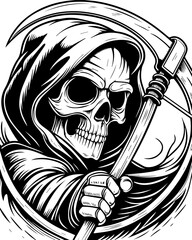 SVG of a skeleton with a sports theme in bold tattoo style. Grim Reaper Holding Scythe with Intricate Design in Black and White