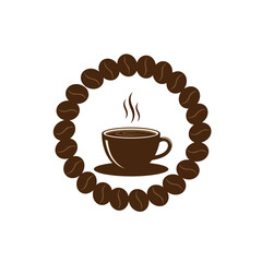 Obraz premium Coffee cup illustration surrounded by coffee beans on transparent background 