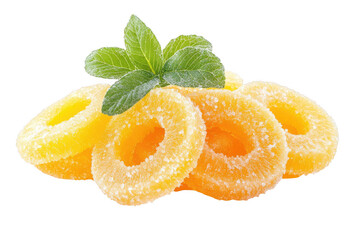 Sweetened pineapple rings with fresh mint leaves isolated on transparent background