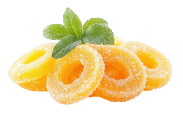 Sweetened pineapple rings with fresh mint leaves isolated on transparent background