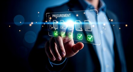 Businessman's finger touching digital screen with procurement checklist and glowing document icons technology