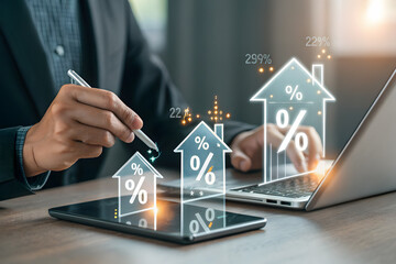 Person analyzing house percentage growth on digital devices