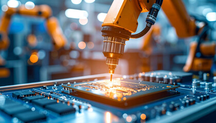 Robotic Precision in Manufacturing: A close-up shot showcases a robotic arm meticulously working on a circuit board, embodying the cutting-edge advancements in automation.