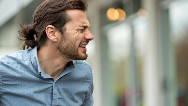 Young man with mosquito bites in forest setting concept. He expresses discomfort while scratching his arm outdoors.