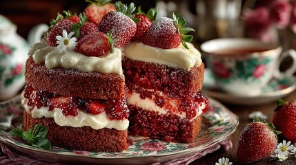 Slice of red velvet cake adorned with strawberries, floral plate, and tea setup