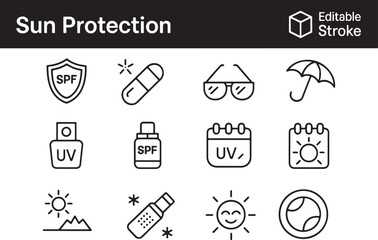 UV Protection and Solar Safety Outline Icon Set