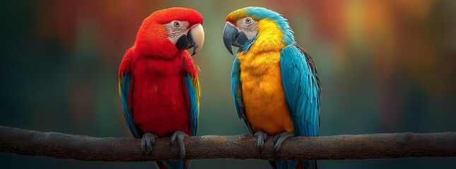 Two vibrant parrots sitting on a tree branch facing each other, looking at each other, tropical jungle background.