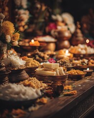 Vibrant display of traditional festive foods arranged on wooden table, adorned with flowers and candles, creating a warm and inviting atmosphere for celebration and cultural significance