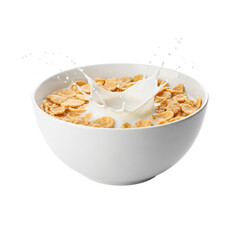 Cereal corn flakes with milk splash in white bowl. Breakfast concept with healthy food, and dynamic liquid motion on transparent background.