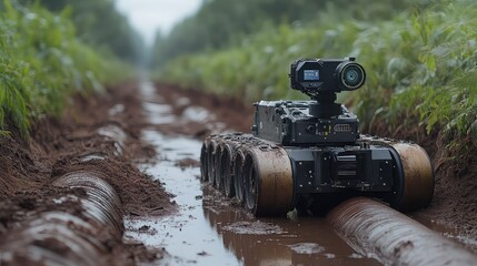 Pipeline inspection robot crawling with rotating camera, sensor arm extensions, real-time structural data visualization, and remote operation HUD