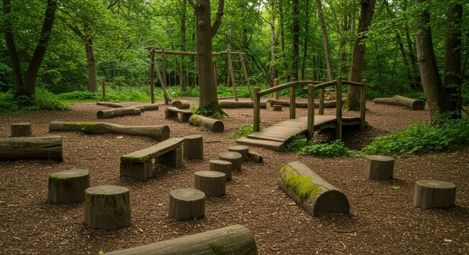 Natural wooden playground in forest