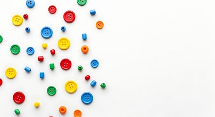 Colorful flatlay of sewing buttons and plastic craft toys scattered on a white background.