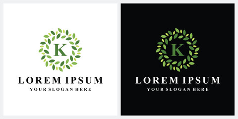 Initial letter K green leaf nature, symbol vector icon of beauty salon and wedding 