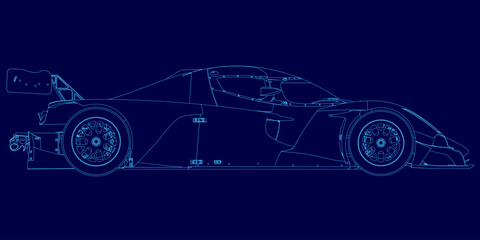 A sleek race car blueprint features detailed contours and aerodynamic lines on a dark blue background. The high-contrast design highlights the sporty silhouette with precision.