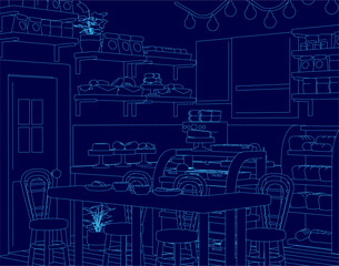 Blue contour line drawing of a cozy kitchen cafe with a wooden table, chairs, and neatly arranged plates. Racks display various kitchen items while warm lights illuminate the space.