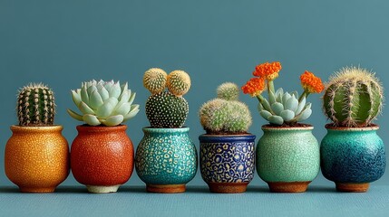 Cacti & succulents in colorful, ceramic pots lined up on a cyan surface