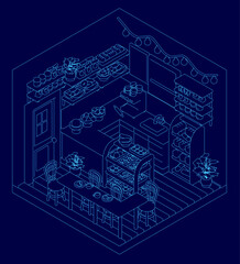 Isometric kitchen illustration features a table with chairs, houseplants, and a sink. A deep blue background complements the cafe-style contour design. Various objects are neatly arranged.