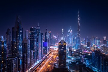 A panoramic view of the city skyline at night, illuminated by lights from skyscrapers and buildings, showcasing urban architecture against the dark blue sky. 