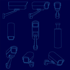 Obraz premium A set of CCTV camera blueprints arranged in a neat pattern on a blue background. Each camera contour is clearly defined with white lines, creating high contrast.