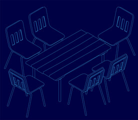 A rectangular table with symmetrical chairs in clean white contour lines stands out against a bold blue background. The minimalist line drawing emphasizes simplicity and modern design.