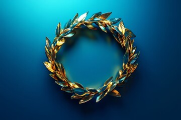 Golden laurel wreath on blue background illuminated by light
