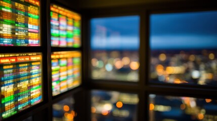 Analyzing financial data streams urban office digital displays evening ambiance interior view data visualization