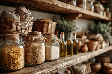 Fototapeta premium Shelf with jars of pasta, rice, and other grains.