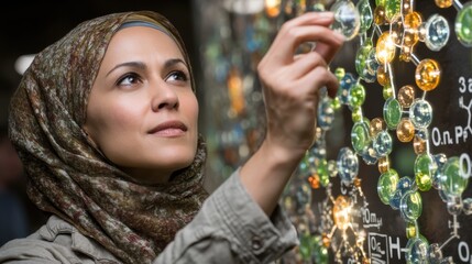 Innovative female scientist analyzing molecular models laboratory portrait urban environment focused perspective science engagement