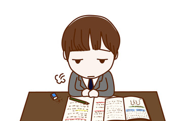 （上半身正面）勉強のやる気がなくなってため息をつきぼんやりする男子学生