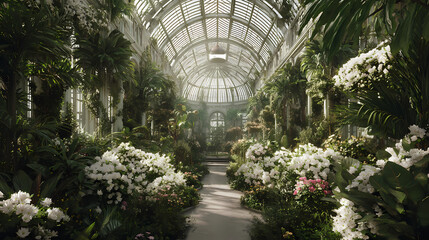 digital greenhouse filled with idealized vegetation under evenly distributed white light