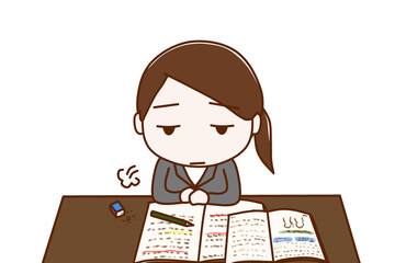 （上半身正面）勉強のやる気がなくなってため息をつきぼんやりするスーツ姿の女性