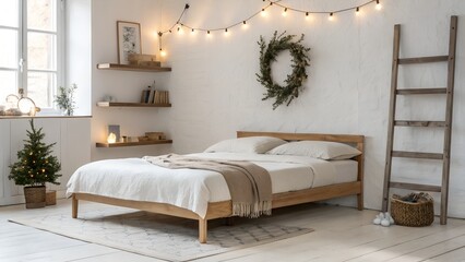 Minimalist Linen Bedroom with Wall Wreath and Holiday Gifts
