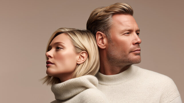 Couple sitting back to back looking in different directions showing relationship conflict and emotional distance. Man and woman in neutral sweaters depicting marital problems.