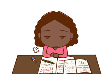 （上半身正面）勉強のやる気がなくなってため息をつきぼんやりするアフリカ系女性