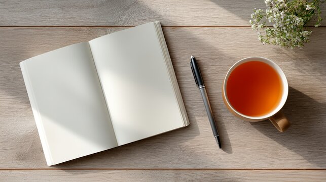 Book is open on a table with a pen and a cup of tea. - Powered by Adobe