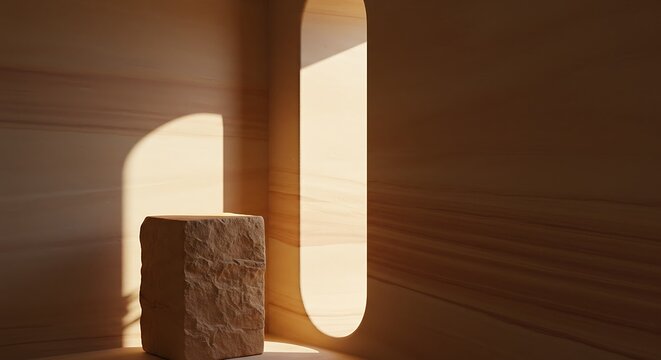 A rough-hewn stone block serves as a minimalist pedestal, bathed in warm, directional light that creates distinct shadows on the textured wall and floor.