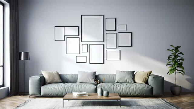 Modern living room with gallery wall and comfortable sofa