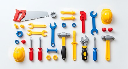 Colorful construction tool toys organized in a neat flatlay for creative building play.