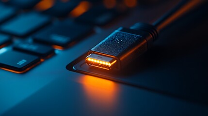 Close-up of Sleek Black USB Flash Drive Connected to Laptop