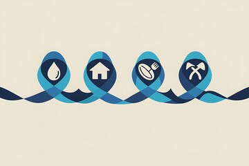Modern abstract graphic showcasing essential life elements like water, home, food, and industry.