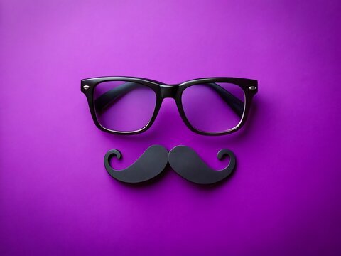 Eyeglasses and a mustache on a purple background, a fun and playful composition for a party