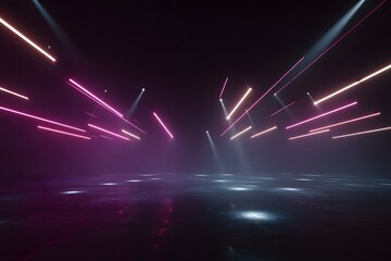 A dark background with neon lights and laser beams, creating an immersive gaming atmosphere. 