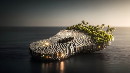 A conceptual floating island features a giant human fingerprint, embodying sustainable technology amidst digital streams and green energy hubs.