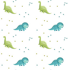 Fototapeta premium Сhildish pattern with cute dinosaur, baby shower greeting card. Animal seamless background, cute vector texture for kids bedding, fabric, wallpaper, wrapping paper, textile, t-shirt print