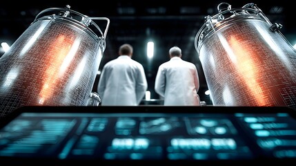 A detailed shot of large stainless steel bioreactors showcasing soft reflections and glass panels, with technical staff silhouetted in the background.